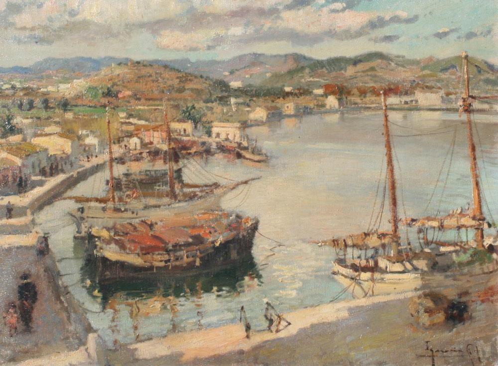 Ignasi Gil i Sala | Busy Spanish Harbor Scene From a Window | MutualArt