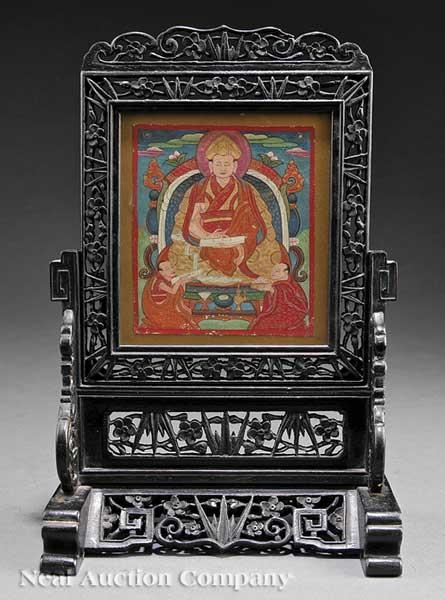 Artwork by Mongolian School, 20th Century, Miniature Buddhist Painting Set as a Table Screen, Made of gouache on paper with gilt highlights