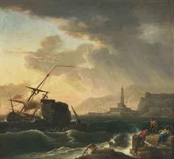A shipwreck with figures coming ashore by Claude-Joseph Vernet, 1748