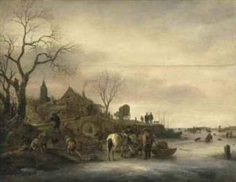A winter landscape with figures on a frozen lake with a church spire beyond - Isack van Ostade