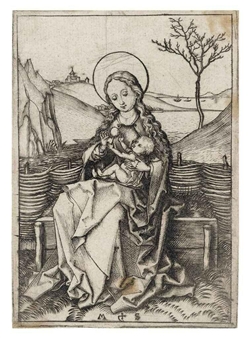 The Virgin and Child on a grassy Bench - Martin Schongauer