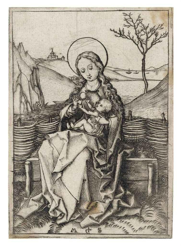 Artwork by Martin Schongauer, The Virgin and Child on a grassy Bench, Made of engraving