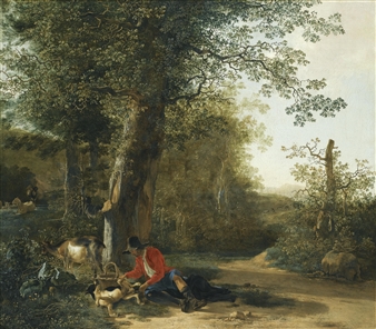 A peasant playing with his dog while resting at the margin of a wood Picture