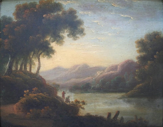 2 WORKS: EXTENSIVE LAKE LANDSCAPES WITH FIGURES by John Rathbone