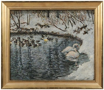 Ducks and Swans on Pond, Winter - Peter Schmauss