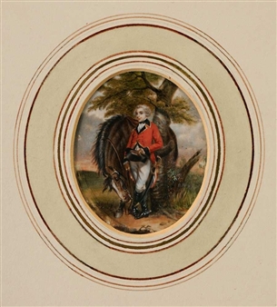 Miniature Portrait of an Officer Standing With Horse - O. Hogg