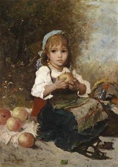 Girl in Folk Costume Eating an Apple - Lajos Bruck