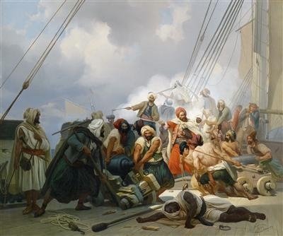 Battle at Sea, Canon Being Brought into Position on Deck by Niels Simonsen, 1844
