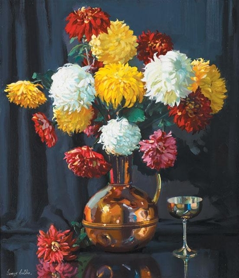 A vibrant still life featuring a copper pitcher overflowing with colorful dahlias against a dark curtain.