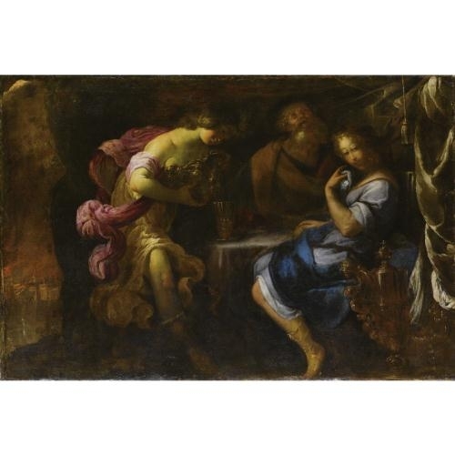 A classical painting of three figures in a dimly lit, intimate setting.