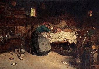 A dimly lit interior scene of a person tending to a bed in a rustic, cluttered room.