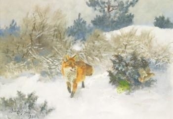 Räv och orrhöna i vinterlandskap by Bruno Liljefors, 1938
