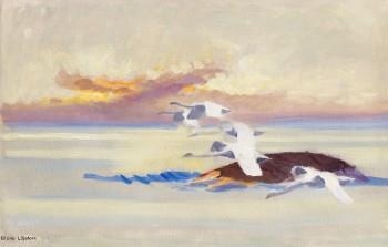 Artwork by Bruno Liljefors, Sträckande svanar i skymning, Made of Oil on canvas laid on panel