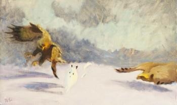 Artwork by Bruno Liljefors, Örnar slår hare i vinterlandskap, Made of Oil on canvas
