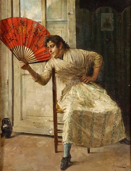Artwork by A. Corrado, A girl in a doorway holding a fan, Made of oil on canvas laid on board