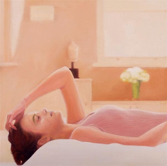 A serene oil painting of a figure resting on a bed in a softly lit room.
