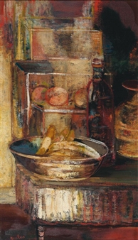 A still life painting of a rustic kitchen scene featuring a bowl of bread, a bottle, and a fruit basket.