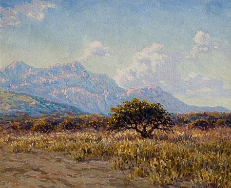 A landscape painting featuring a solitary tree in the foreground with distant mountains under a cloudy sky.