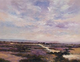 Clouds above a fynbos landscape with farmhouse, trees & mountains in the distance - Kevin Hanley