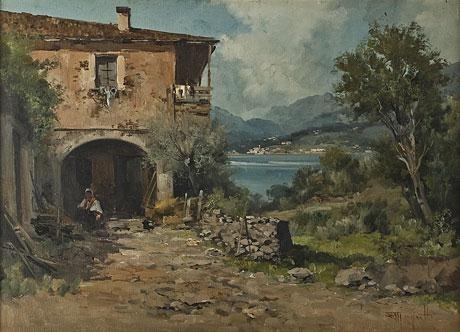 Rural Italian Villa with a view of a lake by Ercole Magrotti