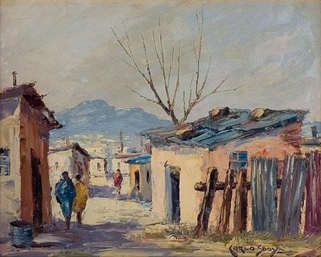 Figures in a township with mountains in the distance by Carlo Sdoya