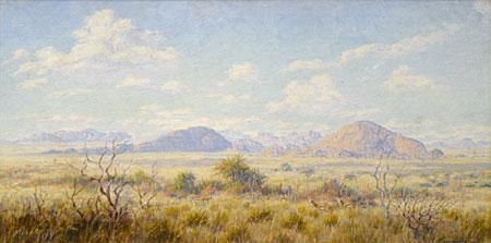 South West African landscape with springbuck, bushveld & mountains in the far distance by Johannes Blatt, 1936