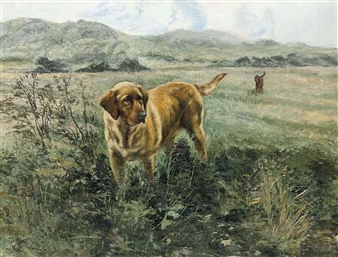 A pastoral oil painting of a golden retriever standing in a grassy field with distant hills.