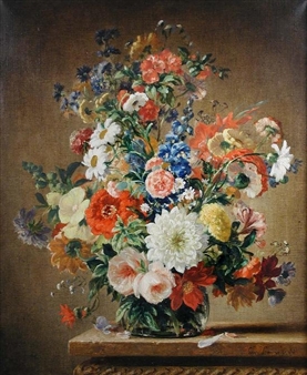 Still Life of Chrysanthemums, Roses, Peonies and Delphiniums in a Glass Vase - Stuart Scott Somerville