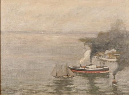 Steamboat and Sailboat in Brooklyn Harbor by Charles Vezin