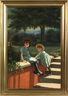 Portrait of two children with Washington Monument in background - Louis P. Spinner