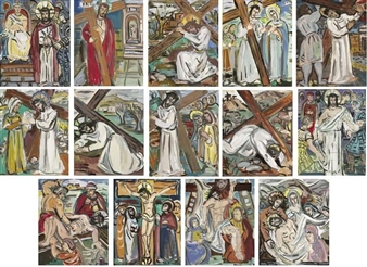 14 works: STATIONS OF THE CROSS FOR KILTULLAGH CHURCH, COUNTY GALWAY - Evie Hone
