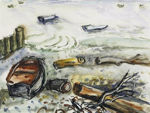 BOAT AND TIDAL FLOTSAM ON STRAND by Moila Powell