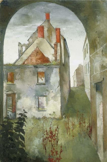 ABANDONED HOUSES SEEN THROUGH AN ARCHWAY by Patrick Hennessy, early 1940s