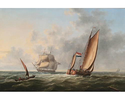Thomas Lyde Hornbrook | A frigate under reduced sail off shore with a ...