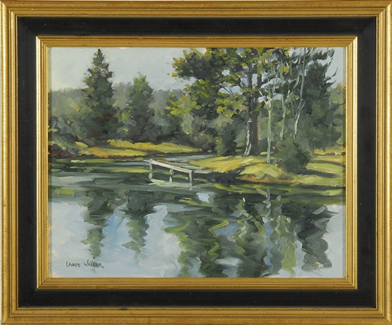 A serene landscape painting of a small wooden pier extending over a calm lake, surrounded by lush green trees.