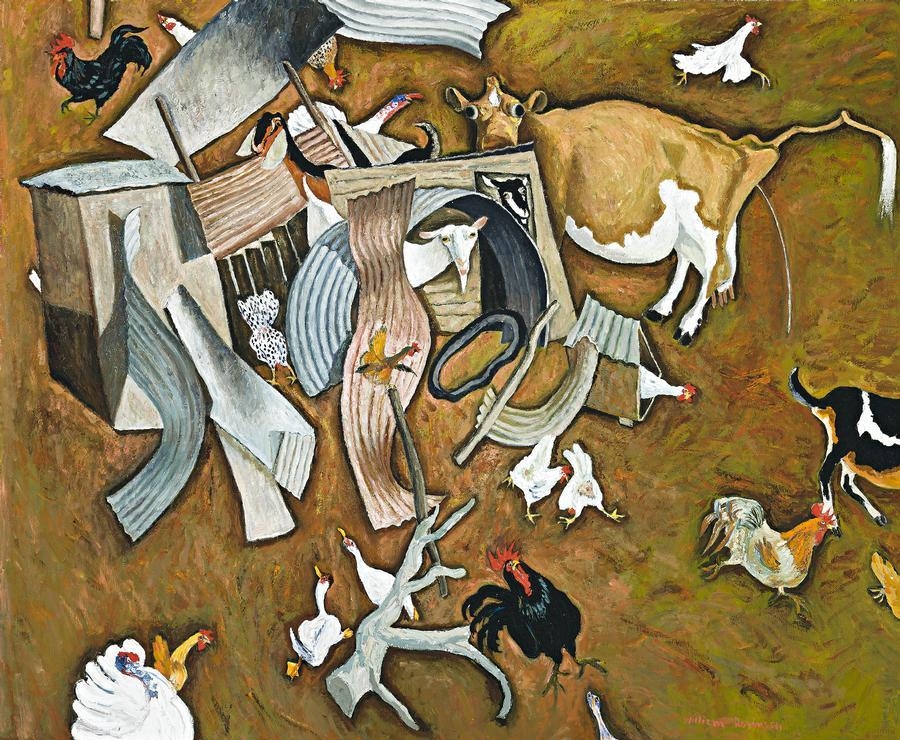 Artwork by William Robinson, FARM CONSTRUCTION WITH ROSIE PEEING, Made of oil on canvas