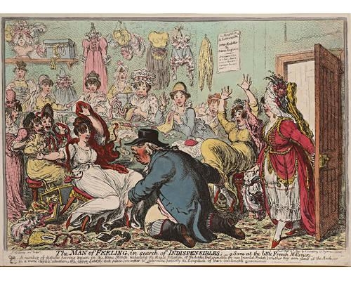 The Man of Feeling in Search of Indispensibles-A Scene at the Little French Milleners by James Gillray, 1800