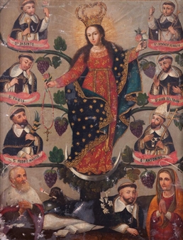 Vierge en gloire entourée par les saints - Hispano-American School, 19th Century