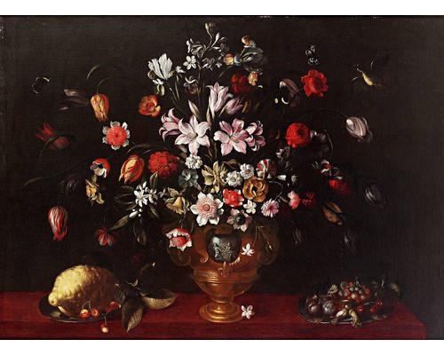 Tulips, carnations, lilies, narcissi and other flowers in an urn on a draped table with plums, cherries, cobb nuts and fraises-du-bois on a salver and a lemon with cherries on a salver with two butterflies and a finch by Luca Forte