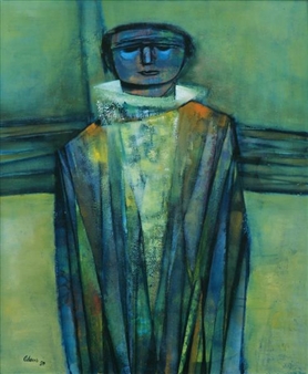 A solemn figure in a draped robe stands against a muted green background.
