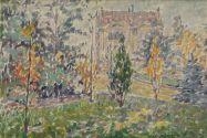 A vibrant impressionist landscape featuring a house nestled among trees with autumnal foliage.