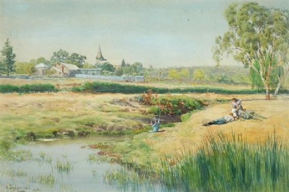 Children Fishing by the Stream by Alfredo Sinclair, 1912