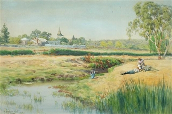 Children Fishing by the Stream - Alfredo Sinclair