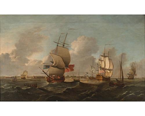 Ships of the Fleet off the fortified dockyard at Sheerness, with Upnor Castle and the entrance to the Medway on the right by Francis Swaine