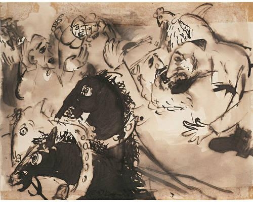 Artwork by Josef Herman, Two works: Market scene; The Melody, Made of ink and wash