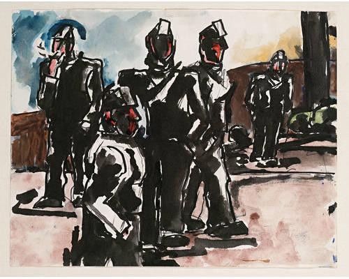 Artwork by Josef Herman, Group of miners, Made of pencil and watercolour