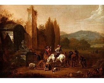 A group of hunters resting beside a fountain amidst ruins - Herman van Lin