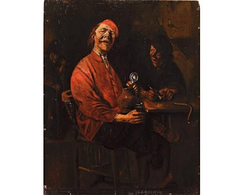 Two peasants drinking and smoking at a table in a tavern, another figure with a staff in the background by Abraham Diepraam