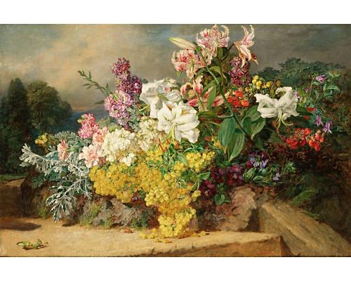 Still life of flowers and grapes on a ledge by Martha Darlay Mutrie