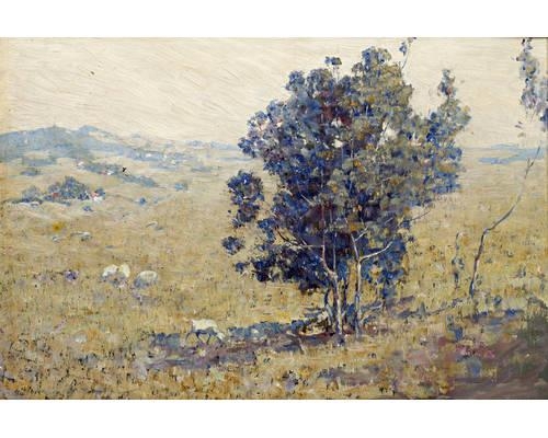 Artwork by Amanda Brewster Sewell, Landscape with sheep, Made of oil on canvas laid on board